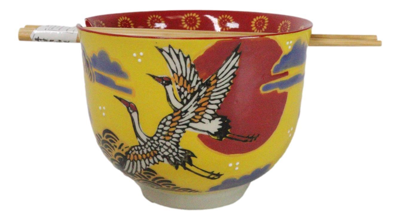 Japanese Cranes With Red Moon Yellow Donburi Ramen Soup Bowl With Chopst... - $18.99
