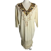 Vintage 90s Hand Painted T Shirt Dress M Cream Crochet Knit Fringe Pockets - £35.21 GBP
