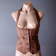Brown Faux Suede Steampunk Casual Lace Up Corset Womens Halter Vest Top ... - £27.52 GBP
