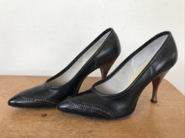 Vintage 50s Sabrina Black Stacked Leather Soles Stiletto High Heels 8 Na... - $59.99