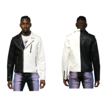 Men&#39;s Black &amp; White Biker Leather Jacket - £135.46 GBP