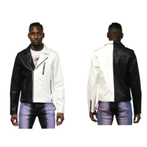 Men&#39;s Black &amp; White Biker Leather Jacket - £134.31 GBP