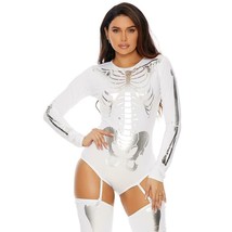 Skeleton Costume Bone Print Bodysuit Garters Thigh High Stockings White 554649 - £25.34 GBP