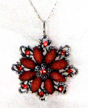 Antiq. 925 S. Silver 24&quot; Necklace with Large Red Rhinestones Flower Pendent. - £18.99 GBP