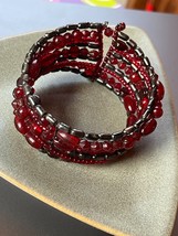 Wide Cranberry Red Plastic &amp; Oxidized Silvertone Metal Beaded Striped Fl... - £10.46 GBP