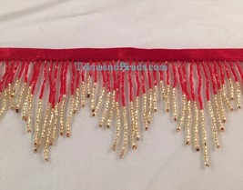 3&quot; Red/GOLD Glass Bugle Bead Chevron Ombre Beaded Fringe Trim Variegated - £11.05 GBP