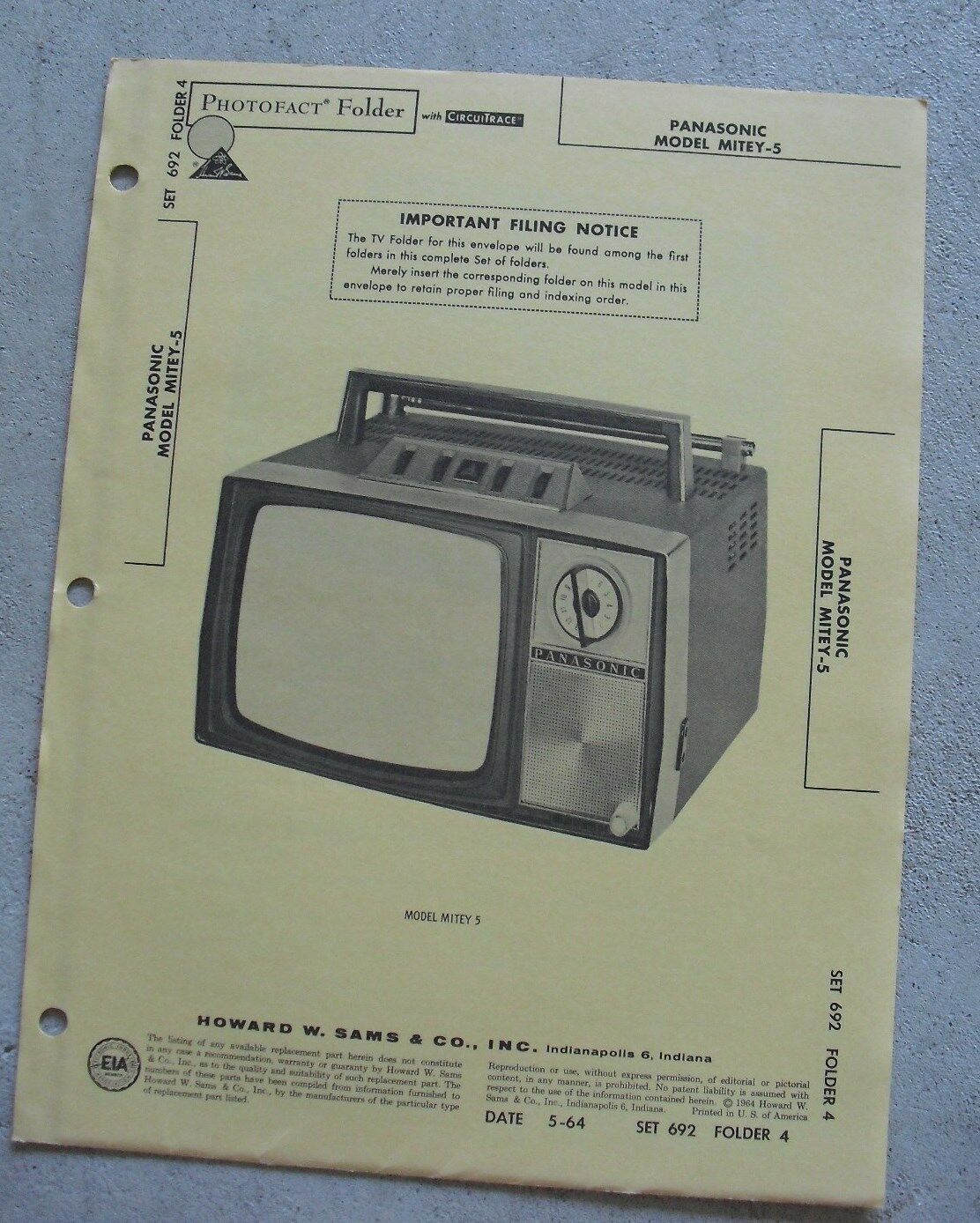 Vintage 1964 Booklet - Howard Sams Television Service Panasonic Mitey 5 - $16.83