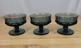 Indiana Glass Thumbprint Teal Smoke Blue Kings Crown 3 Sherbet Glasses Vintage - $21.99