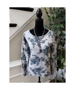 Women&#39;s LOFT Blue Floral Long Sleeve Top Medium Gray Cotton Crew Neck - $35.20 CAD