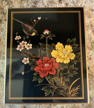 Black Laquer &amp; Gold Asian Flowers Bird Mirrored Jewelry Box Red Velvet L... - $140.65