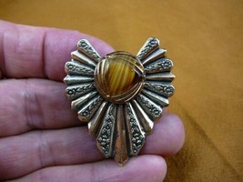 (Z20-7) brown yellow gold textured Czech glass button flower ribbon pin brooch - £17.17 GBP