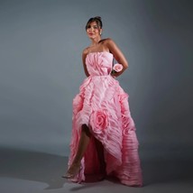 Strapless High Low Hi-Lo Party Dress Pink Roses Dress Organza Evening Dresses - £157.27 GBP