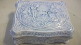 Hand Made Vintage White With Blue Accents Ceramic Trinket Box, From 1976 - $56.99