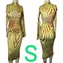 Brown/Lime Green Abstract Animal Print Mock Neck Long Sleeve Midi Dress~... - $39.98