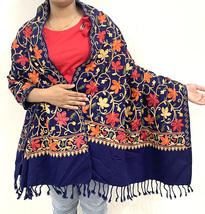 Women&#39;s Kashmiri Blue Color Stole Ethnic Flower Embroidered Wool Shawl C... - £62.95 GBP