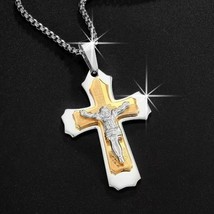 Men Silver Gold Jesus Christ Crucifix Layer Cross Pendant Necklace Box Chain 24&quot; - £7.17 GBP