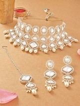 Gold Tone Artificial Stones Beads Bridal Necklace Earring Maangtikka Set Jewelry - £24.47 GBP