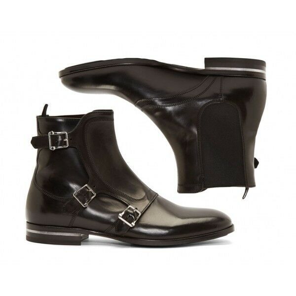 Men's Black Monk Triple Buckle Straps Plain Toe High Ankle Leather Boots US 7-16