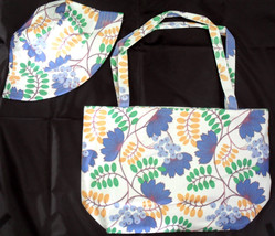 Beach Bag with Matching Hat Canvas Shoulder Lavander White Leaves Medium Flowers - £6.42 GBP