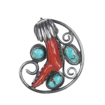 Vintage BL Zuni silver Branch coral and turquoise pendant/pin - £153.75 GBP