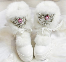 Women Winter Boots Large Size 40 Real Rabbit Rhinestones Handmade Snow Boots Thi - £76.77 GBP