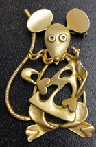 Vintage Gold tone Metal Mouse with Cheese Brooch Pin (2 1/2 &quot; High) - $15.47