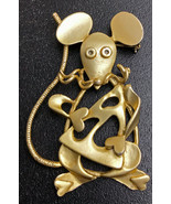 Vintage Gold tone Metal Mouse with Cheese Brooch Pin (2 1/2 &quot; High) - £12.08 GBP