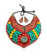 Tibetan Turquoise / Coral Beaded Neck Plate Bib  Necklace + Earrings - $305.61 CAD