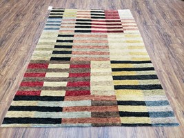 Modern Tibetan Rug 4&#39; x 5&#39; 9&quot; Abstract Handmade Carpet Soft Wool Multicolor Nice - £410.90 GBP