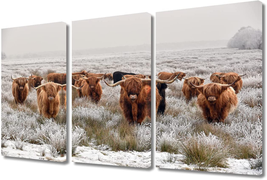 3 Piece White Wall Art Brown Highland Cow Herd Painting Animals Pictures Print  - £62.72 GBP