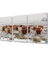 3 Piece White Wall Art Brown Highland Cow Herd Painting Animals Pictures... - £61.70 GBP