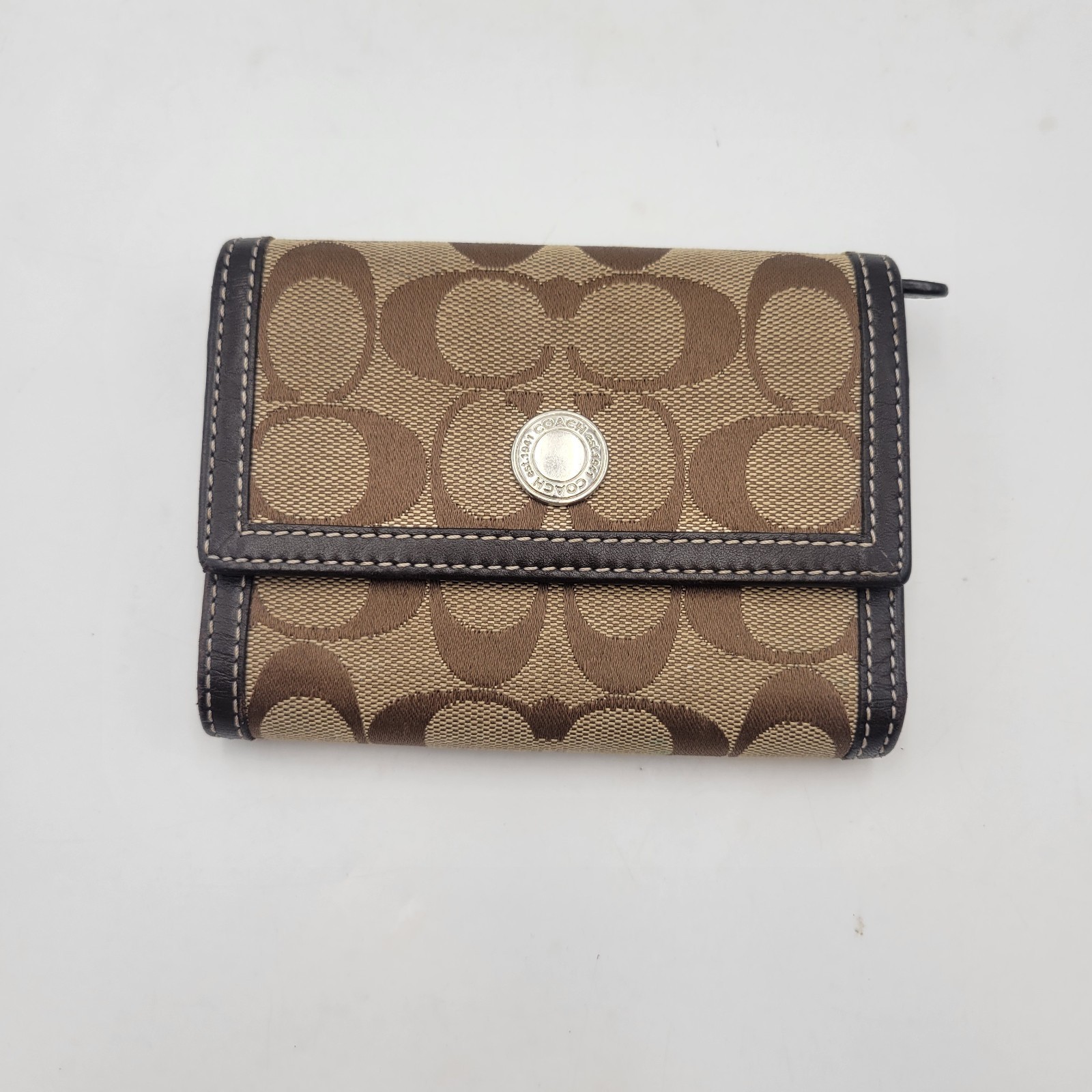 COACH Brown Signature Canvas Trifold Wallet Snap Closure Silver Hardware Item image 2
