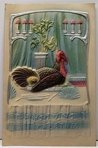 Thanksgiving Greetings Embossed Airbrushed Turkey on Plate German Postcard F12 - £11.92 GBP