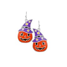 Halloween Orange Pumpkin with Purple Heart Silvertone Earrings - £7.60 GBP