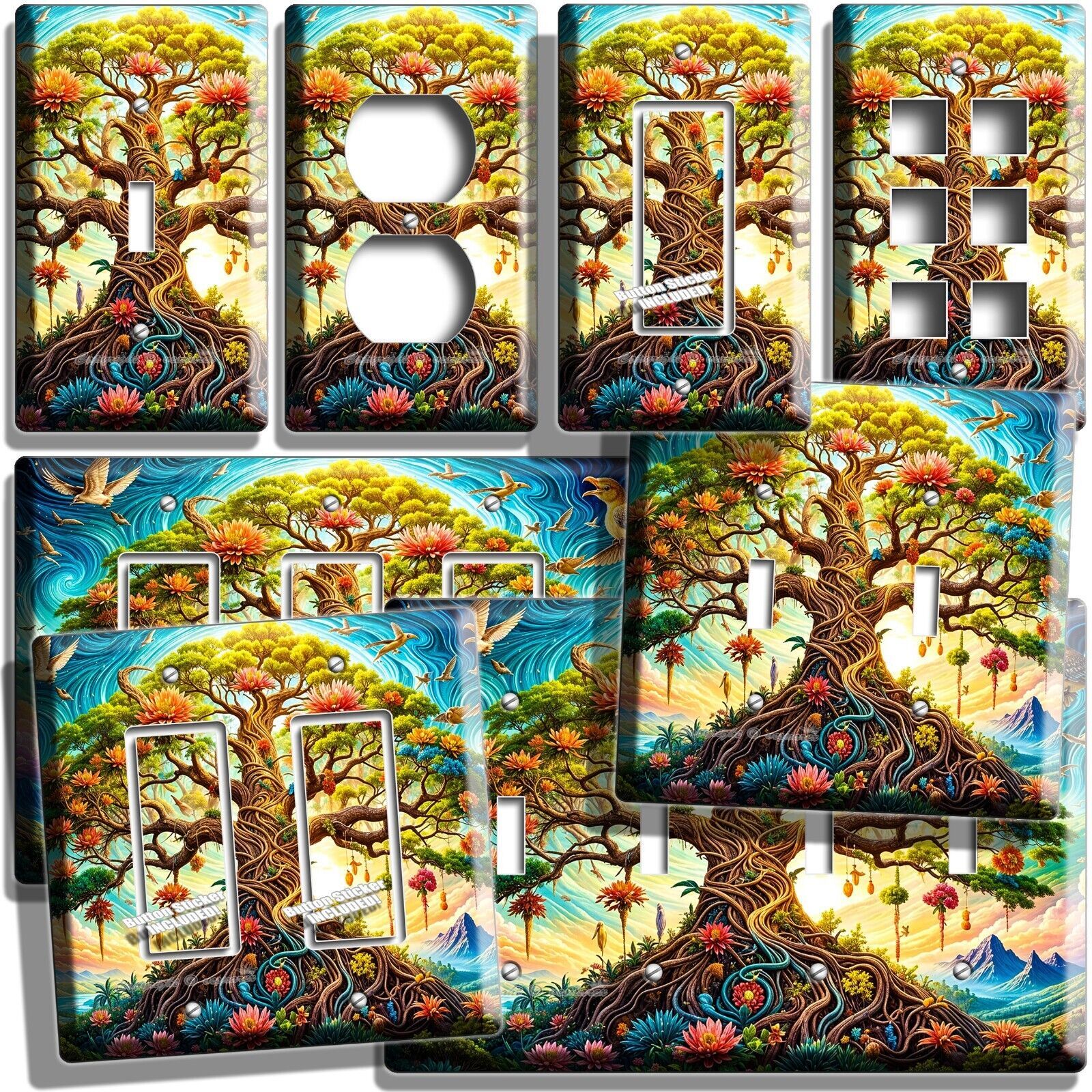 BEAUTIFUL SURREAL TREE OF LIFE BIRDS FLOWERS LIGHT SWITCH OUTLET WALL PLATES ART