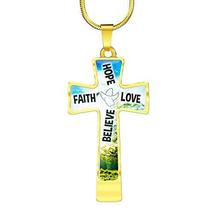 Faith Hope Love Believe Bible Verse Cross Pendant Necklace Engraved 18k Gold 18- - £51.38 GBP