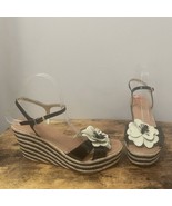 KATE SPADE Lainey Wedge Espadrille Sandals Shoes Black Striped Poppy Flo... - £52.44 GBP