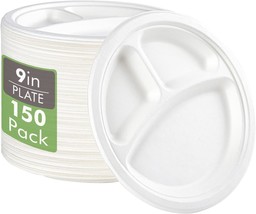 Vplus 100% Compostable Paper Plates, 150 Pack 9 Inch 3 Compartment Plates, Bbq - £28.53 GBP