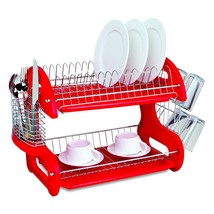 2 Tier Dish Drainer, By Home Basics (Red) Dish Rack For Kitchen Counter, With Cu - £49.02 GBP