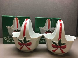 2 Mount Clemens Pottery Ribbon &amp; Holly Handled Porcelain Basket IOB Japan - £20.12 GBP