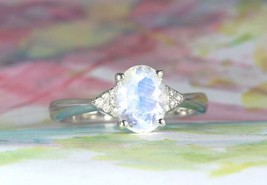 Natural Moonstone Engagement Ring With CZ Gemstone 14K White Gold Plated Jewelry - £53.32 GBP