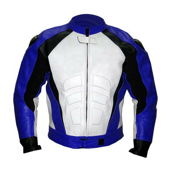 Custom Men Blue & White Biker Black Stripped Elegant Leather Safety Pad Jacket