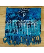 Vintage Aqua & Cobalt Blue Beach Starfish Print Batik Fringed Scarf Shawl Wrap - $48.59 CAD