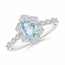 ANGARA Oval Aquamarine Trillium Floral Shank Ring for Women in 14K Solid Gold - £634.33 GBP