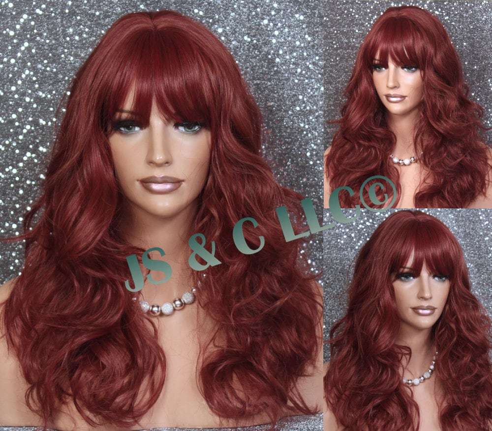 Wine Red Curly wig Heat OK center part Full Bangs Layered Playful and fu... - $59.95