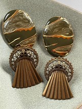 Lot of Large Olive Green Swirl Enamel &amp; Goldtone Oval &amp; Lacey Spray Post Earring - £11.90 GBP