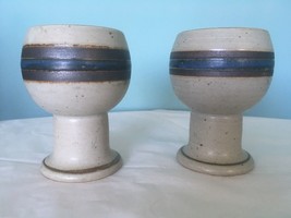 Vintage Speckled Stoneware Goblets Cups Stem Glasses Mug  Striped  MCM Chalice - £18.94 GBP