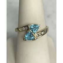 14K Yellow Gold Blue Topaz &amp; Diamond BY-PASS Design Ring Size 7 Sky - £310.09 GBP