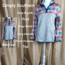 Simply Southern Gray  &amp; Pink Print Front Pockets Sweater Size M - £11.79 GBP