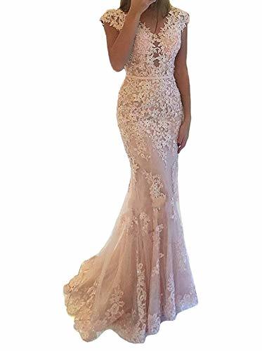 V Neck Sheer Beaded Lace Tulle Long Mermaid Evening Prom Dress Blush Pink US 2